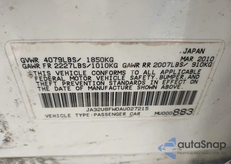 2010 Mitsubishi Lancer Gts из США, поврежденный, VIN JA32U8FW0AU027215